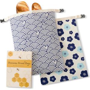 Beeswax Bread Bags for Sourdough, Reusable Bread Bags for Homemade Bread, 2 Pack Natural Cotton Beeswax Storage, Natural Cotton Beeswax Bags, Large Capacity (Dark Blue)
