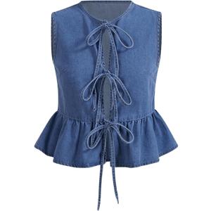 OYOANGLE Women's Plus Size Denim Tie Front Vest Sleeveless Crew Neck Ruffle Hem Jean Jackets (3X-Large Plus, Blue)