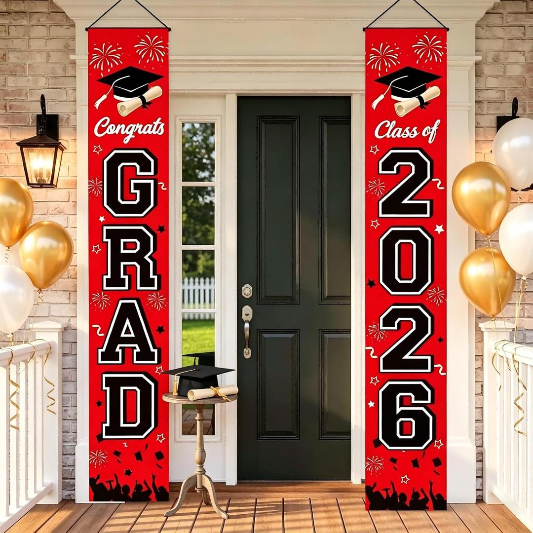 2026 Graduation Decorations Porch Banner Red, Congrats Grad Class of 2026 Banner for Graduation Party Decorations for Front Door, Porch and Graduation Party Supplies