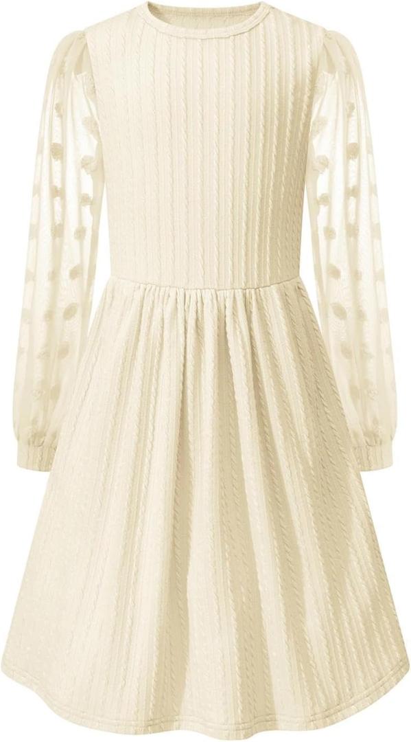Little Bitty Girls Textured A-Line Swiss Dot Dress, Tulle Long Sleeve Ribbed Knit Crew Neck Midi Dress with Pockets Beige 6-7Y