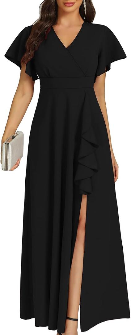 COOAN Women's Black Long Formal Dresses Cocktail Wedding Guest Dress Ruffle Split Elegant V Neck Party Gowns Large, Black-t30