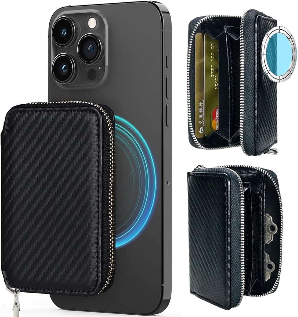 Strong Magnetic for MagSafe Wallet Pouch /Pixelsnap, Carbon Fiber Leather Zipper Pocket Large Capacity for Earpod/Samll Earphones/Keys, RFID Blocking Card Slot for iPhone 17 16 15 14 Pro Max Plus
