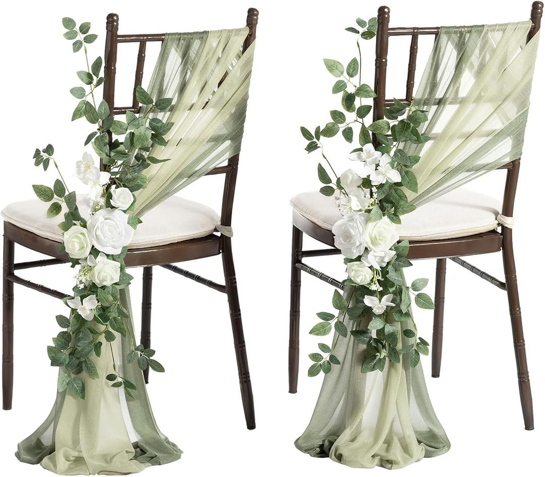 Ling's moment 8 Wedding Chair Decorations Aisle Pew Church Artificial Flowers Greenery Swag White Sage Green Bench Ceremony Reception Floral Faux Backdrop Rose Arrangements Party Outdoor Decorations