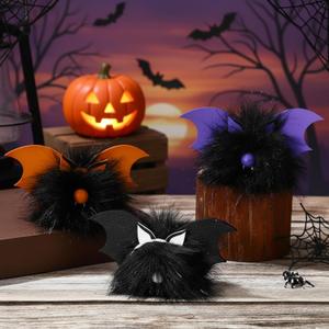 3 Pcs Black Bat Pom Pom Cute Halloween Table Decorations Wooden Black Fuzzy Bats Whimsical Tabletop Block Sign Fluffy Halloween Centerpieces for Kids Holiday Windowsill Shelf Party Supplies