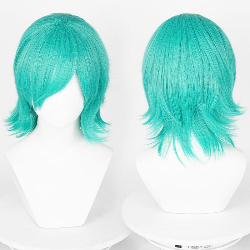 LABEAUT Max Beauty Unisex Short Teal Green Cosplay Wigs With Bangs+ Free Cap, Man Woman Fluffy Heat Resistant Wig Hair for Daily Party Halloween
