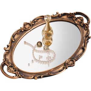 XPXKJ Vintage Gold Mirror Tray Vanity Tray for Dresser Perfume Storage Decorative Mirrored Glass Tray Coquette Room Decor, Bedroom, Bathroom Oval Antique Serving Makeup Organizer