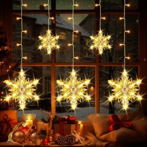 Christmas Snowflakes Window Lights, 5 Pack 72 LEDs Waterproof Hanging Battery Operated Christmas Decoration with Timer for Indoor Outdoor Xmas Home Winter Party Patio Bedroom Decor, Warm White