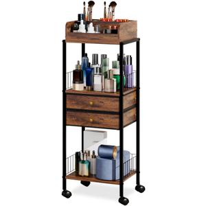 Makeup Organizer Cart Shelf Floor Skincare Organizers Make Up and Station Storage Cabinet for Vanity Standing Cosmetics with Drawers and Wheels for Nail Polish Perfume Hair Tool Beauty(Black)