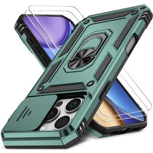 Case for iPhone 15 Pro Max with Slide Camera Cover+Screen Protector(2 Packs), Military Grade Shockproof Protective Cover, Rotated Ring Kickstand(B - Dark Green)