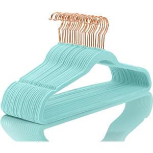 MIZGI Premium Velvet Hangers - Heavy Duty Non Slip Felt Hangers (50 Pack) - Aqua Blue & Rose Gold Hooks, Space Saving & Durable for Suits & Coats