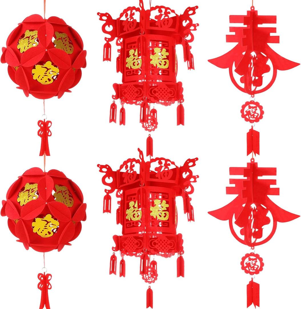 Baquler 6 Pieces Chinese Lanterns Large Chinese New Year Decorations Red Lucky Lantern Golden Fu 3D Spring Festival Hanging Decorative