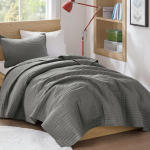 Comfort Spaces Kienna Quilt Set- Double Sided Stitching Design Summer Blanket, Lightweight, Soft, All Season Bedding Layer, Matching Sham, Charcoal, Coverlet Twin/Twin XL(66"x90") 2 Piece