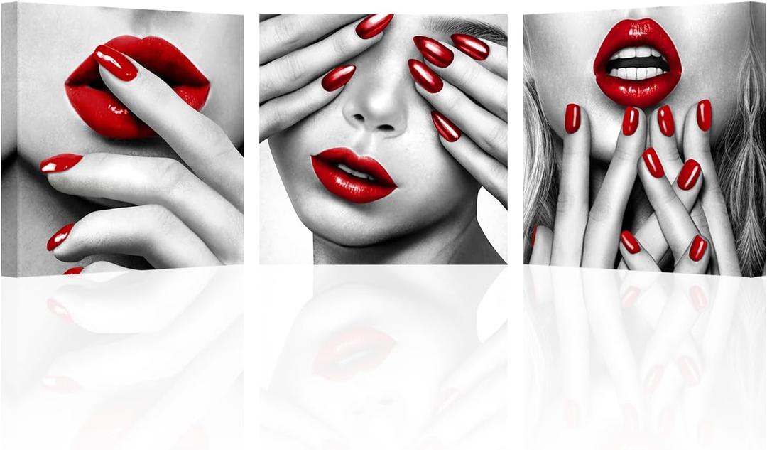 AoArtWZ Black Red Fashion Canvas Wall Art Elegant Woman Picture for Salon Beauty Decoration 12" x 12" x 3pcs