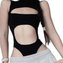 SINROYEE Women's Bodysuit Tops Sexy Hollow Out Summer Streetwear Outfit Gothic Jumpsuit T Shirt Short Sleeve Sleeveless ,Size L