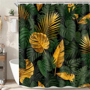 MESHELLY Green Gold Shower Curtain 60Wx72H Tropical Monstera Palm Leaves Jungle Banana Leaf Botanical Plant Aesthetic Modern Bathroom Curtain Nature Simple Bathroom Decor with 12 Hooks Fabric