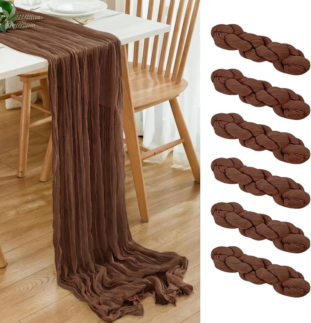 6 Pack Brown 10 Ft Cheesecloth Table Runner 20x120 Inch Boho Wrinkled Sheer Romantic Gauze Decor for Wedding, Bridal Shower, Birthday Party