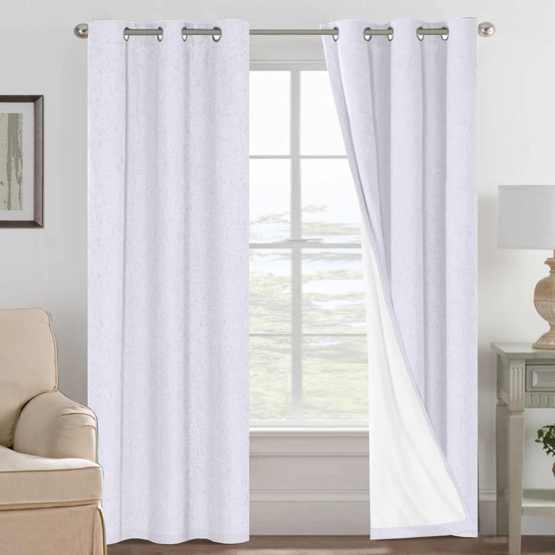 H.VERSAILTEX Primitive Polyester and Acrylic Curtains 100% Blackout Curtain Drapes Burlap Curtains with White Thermal Insulated Liner, Grommet Top Drapes (2 Panels, 42 x 84 Inch, Bright White)