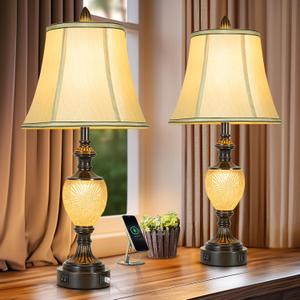 27'' High Vintage Table Lamp Set of 2 for Living Room Farmhouse Bedside Lamp with Fabric Shades Boho Nightstand Lamp with USB and Nightlight for Bedroom Home Office Hotel Bar (Bulb Included)
