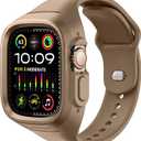 SURITCH Sport Band for Apple Watch 9/8/7/6/5/4/SE3/SE2/SE Case with Band 45mm 44mm, Soft Silicone Shockproof Rugged Protective Replacement Strap with Case for Women Men, Brown