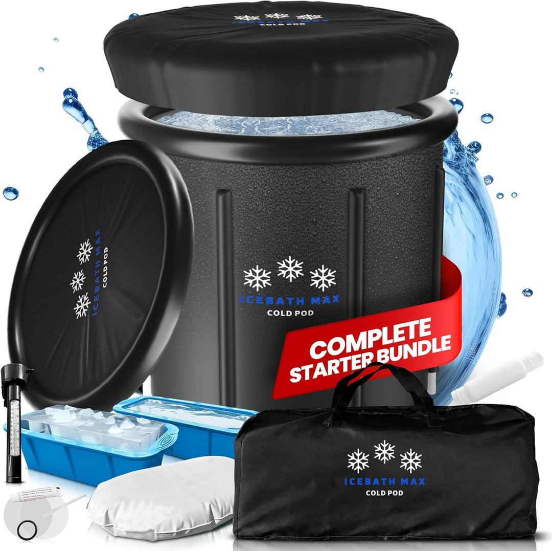 Cold Plunge Tub for Athletes - Complete Starter Bundle: Portable Ice Bath, 2x Reusable Ice Blocks, Thermometer, Ice Tub for Outdoor Cold Water Therapy - Indoor & Outdoor Inflatable Ice Bath (Black)