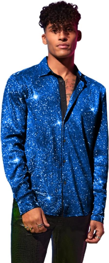 WDIRARA Men's Sheer Mesh See Through Glitter Button Front Long Sleeve Shirt Tops (XX-Large, Deep Blue)