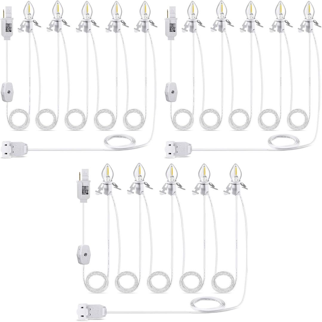 Meonum 3 Pack Christmas Village Light, 12 Ft Accessory Cord with C7 Lamp, Light Cord with 5 LED Bulbs, Rotary On/Off, Female/Male Plugs, Spare Fuses for Village House Craft Decor