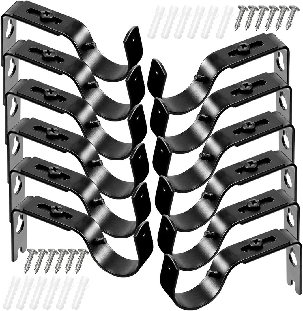 Frienda 12 Pcs Curtain Rod Brackets Adjustable Holder Wall for 1 Inch Diameter Curtain Rod General Bracket Hooks with Screws (Bright Black)