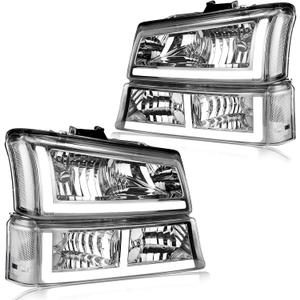 LED DRL Headlight Compatible with 2003 2004 2005 2006 Chevy Silverado/ 2003-2006 Avalanche 1500 2500, without Factory Cladding Models Headlights Assembly Kit Chrome Housing Clear Reflector