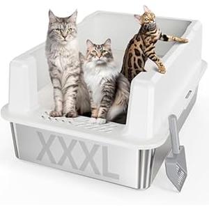 Extra Large XXL Stainless Steel Cat Litter Box with Lid, 26" L x 18" W x 12" H Metal Litter Box with Hight Sides for Big Cats & Multiple Cats, Never Absorbs Odors, Anti-Urine Leakage, Easy Cleaning (Dark Gray)