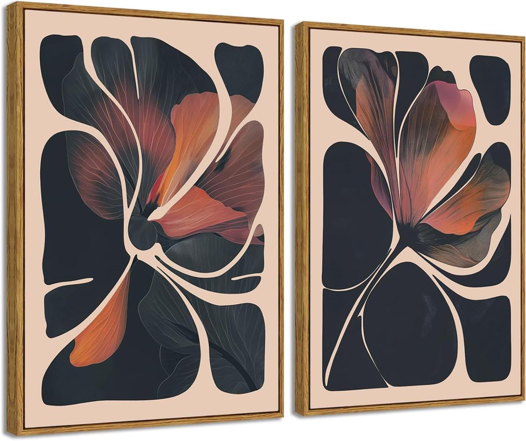 Framed 2pcs Large Boho Wall Art Canvas Orange and Black Abstract Floral Mid Century Modern Wall Decor Flower Botanical Prints Posters Pictures for Living Room Bedroom Home Decor 36"x24"x2, 36L" x 24W" x 2