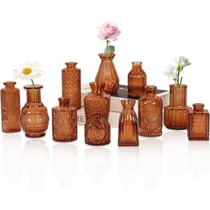 Set of 12 Glass Bud Vase Set, Small Vintage Clear Flower Vase Centerpieces for Table Bulk Cute Rustic Style Mini Vase for Home Decor Wedding Baby Shower Birthday Party(Amber)