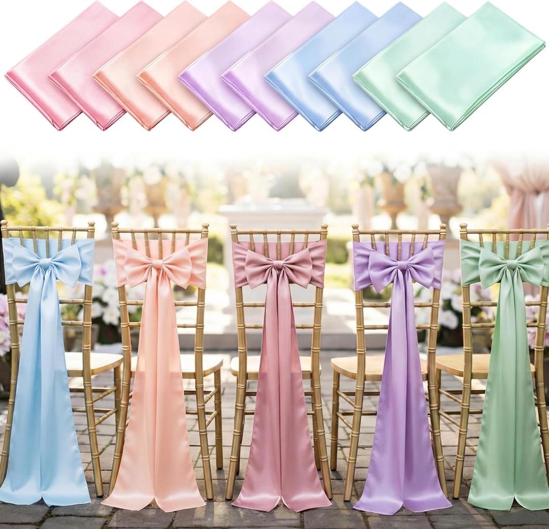 Tegeme 10 Pcs Pastel Chair Sashes Bows Satins Soft Chair Ribbon Sashes Wedding Aisle Church Bows Decor for Wedding Banquet Party Easter Garden Events Decoration (5 Colors,7" X 108")