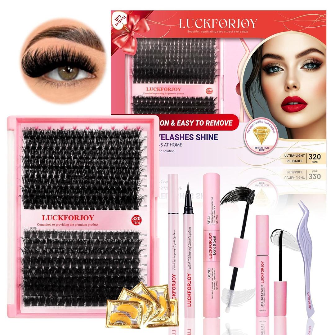 DIY Lash Extension Kit with 320pcs 3D Lash Clusters 80D+100D - Fluffy Eyelash Clusters 10-18mm, Full Thick Individual Lashes, Lash Bond and Seal, Lash Remover, Lash Tweezers for Self-Use Extensions (Style 80D-100 KIT fluffier all prestige)