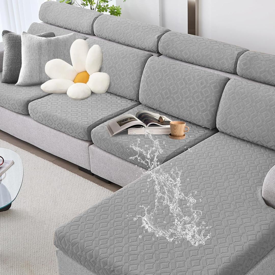 Couch Cushion Covers Waterproof, Couch Covers for 3 Cushion Couch Sofa Pet Friendly, Stretch Sectional Couch Covers Non Slip, Washable, Sofa Slipcovers with Elastic Bottom (3 Seater + 1 Chaise) (Light Grey)