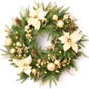 AMERZEST Pre-lit Christmas Wreath with Lights, Pine Cones Gold Balls, Berries and Gold Flowers, 24 Inch 50 Battery Operated LED Lights, Holiday/Decoration/for Front Door/Outdoor