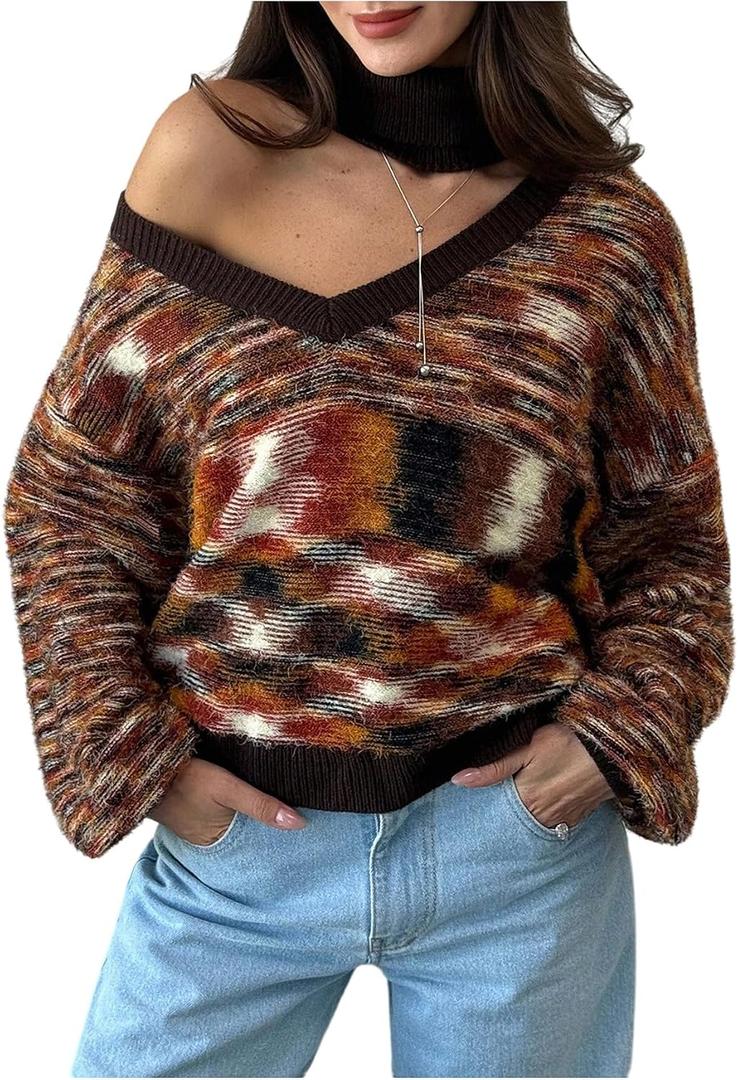 MakeMeChic Women's High Neck Striped Sweater Cut Out Long Sleeve Winter Retro Asymmetrical Knit Top (S)