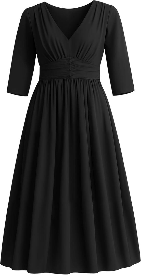 Runwind Plus Size Maxi Dress for Curvy Women 3/4 Long Casual Wedding Guest Dress with Pockets (Black), Size: 3X-Large Plus