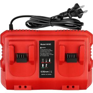 Fast Charger Replacement for Milwaukee M18 Battery Charger Station  Dual Slot Charging Base Compatible with 18V Batteries, 48-11-1830, 48-11-1850, 48-11-1860, Smart LED Indicator (Red)