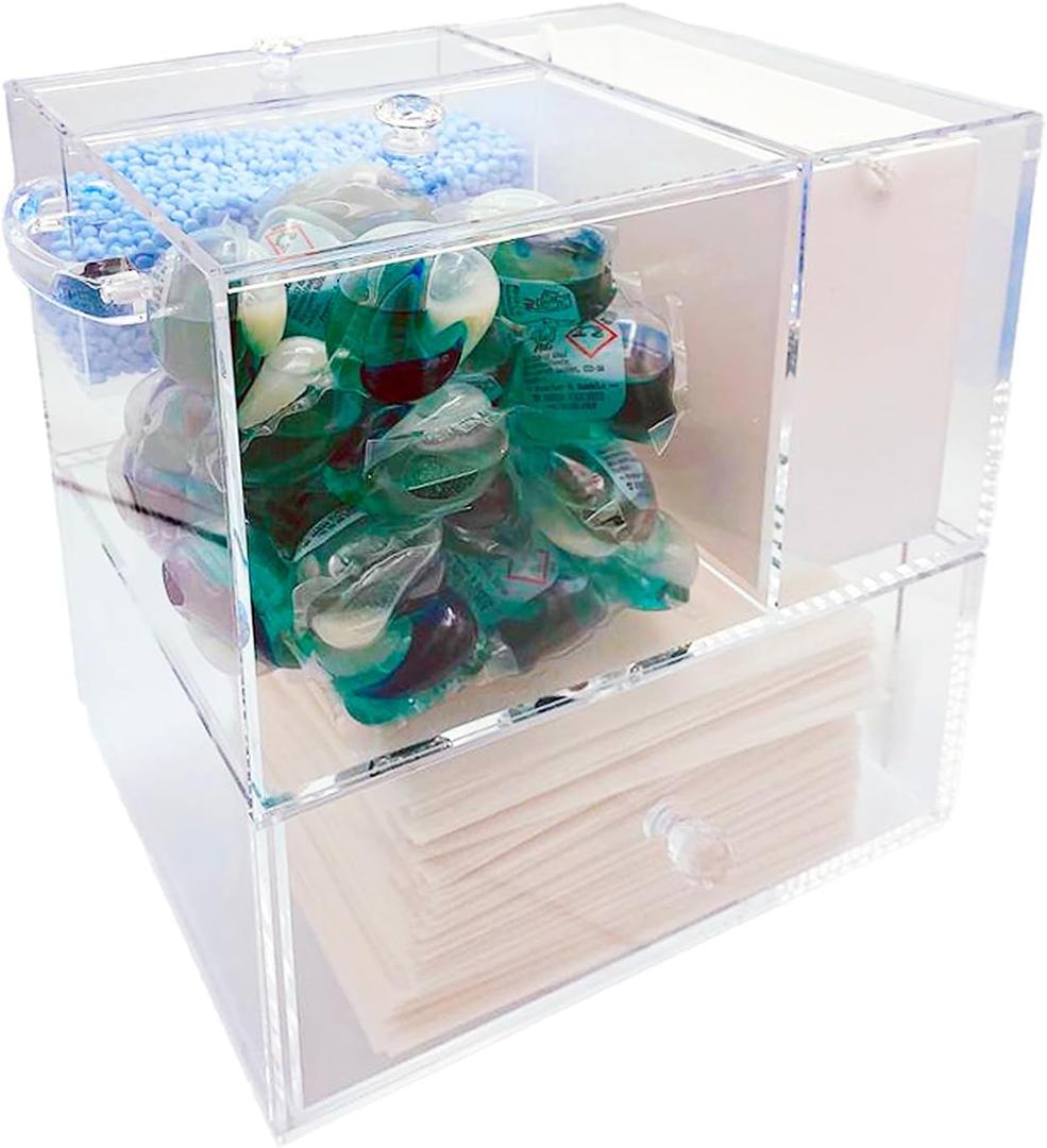 4 in 1 Dryer Sheet Holder, Laundry Pods Container, Lint Bin, Scent Booster, Dryer Balls, Detergent Laundry Room Organization, Storage Containers, Acrylic Box, Cube storage organizer