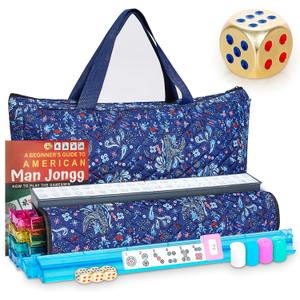 New American Mahjong Game Set, 166 Premium White Tiles with Portable Metal Dices, 4 All-in-One Racks with Pushers, Mah-Jong Games Sets, Ma Jong Tile Game (Blue), 21.5 inches x 5.2 inches