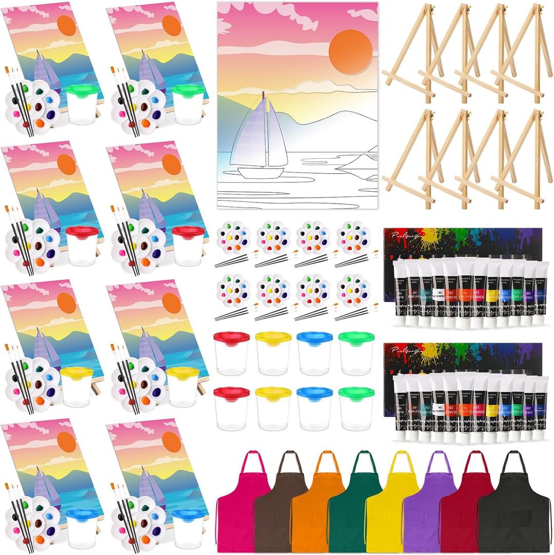 Cholemy 8 Set Paint and Sip Kit for Adults 8'' x 10'' Pre Drawn Canvas with Wooden Easels Acrylic Paint Brushes Wash Cup Palette Apron for Painting DIY Date Night Party Supplies(Landscape)