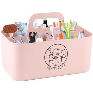 Brabtod 5-Compartment Pink Dog Stuff Storage Caddy for Grooming Supplies, Portable Organizer with Handle