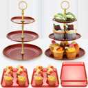 6 Pcs Cupcake Display Stand Set 3 Tiered Tray Stand Red Dessert Display Serving Tower Tray with Gold Rim Rectangle Serving Trays Cake Candy Stands for Tea Wedding Birthday Tea Party
