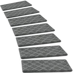 PURE ERA Bullnose Carpet Stair Treads Set Tape Free Non-Slip Indoor Stair Protectors Pet Friendly Rugs 9.5" x 30"(14 Pieces,Grey Diamond Trellis)