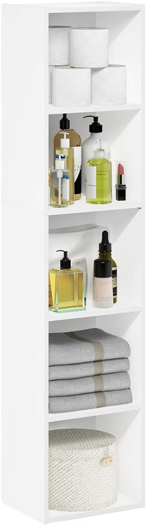 Furinno PASIR Book Shelf, 5-Tier Modern Bookshelf, Open Shelves Bookcase 9 x 12 x 52, Easy Assembly, for Living Room, Bedroom, Home Office, White, 5-tier Cube