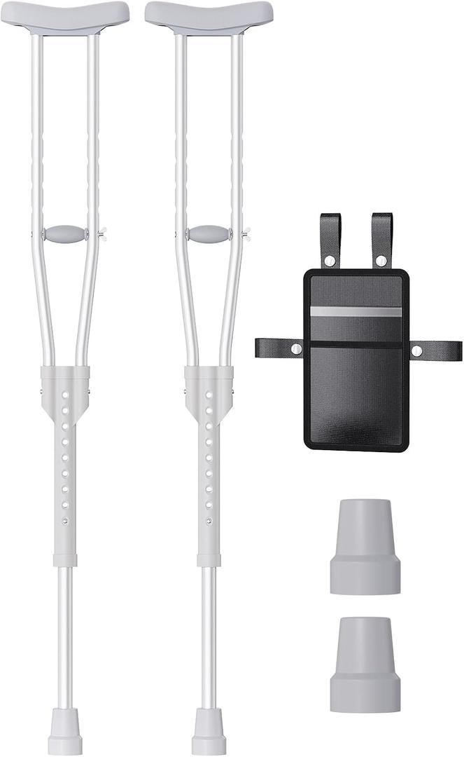 Aluminum Crutches for Adults & Seniors, Adjustable Crutches for Walking, Comfortable Lightweight Crutch with Underarm Pad & Crutch Bag & Hand Grip, 300 LB Weight Capacity, Fitting 5'8"-6'6", 1 Pair