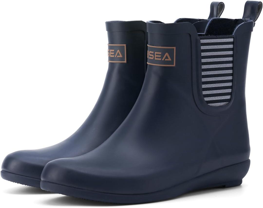 HISEA Rubber Rain Boots for Women Waterproof Chelsea Boots Short Ankle Rain Shoes Wedge Heel Anti-Slipping Rainboots for Ladies with Comfort Insole Lightweight Stylish Outdoor Work Booties (7, Navy Blue)