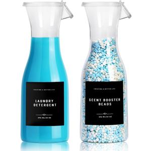 Laundry Detergent Dispenser Bottle 20oz with Waterproof Label for Laundry Detergent Soap Fabric Softener Bleach Scent Booster Beads, Sturdy PET Bottle for Laundry Room Decor 2 Pack black