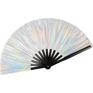 Silver Laser Rave Hand Fan,Large Folding Hand Rave Fan,Clack Handheld Fan for Party,Bamboo Holding Hand Fan Large Foldable Fan with Bright Color,Folding Fan for Festival,Rave Outfits for Women