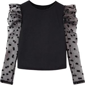 OYOANGLE Girl's Polka Dots Mesh Long Puff Sleeve T-Shirt Ribbed Knit Casual Blouse Top (Black)